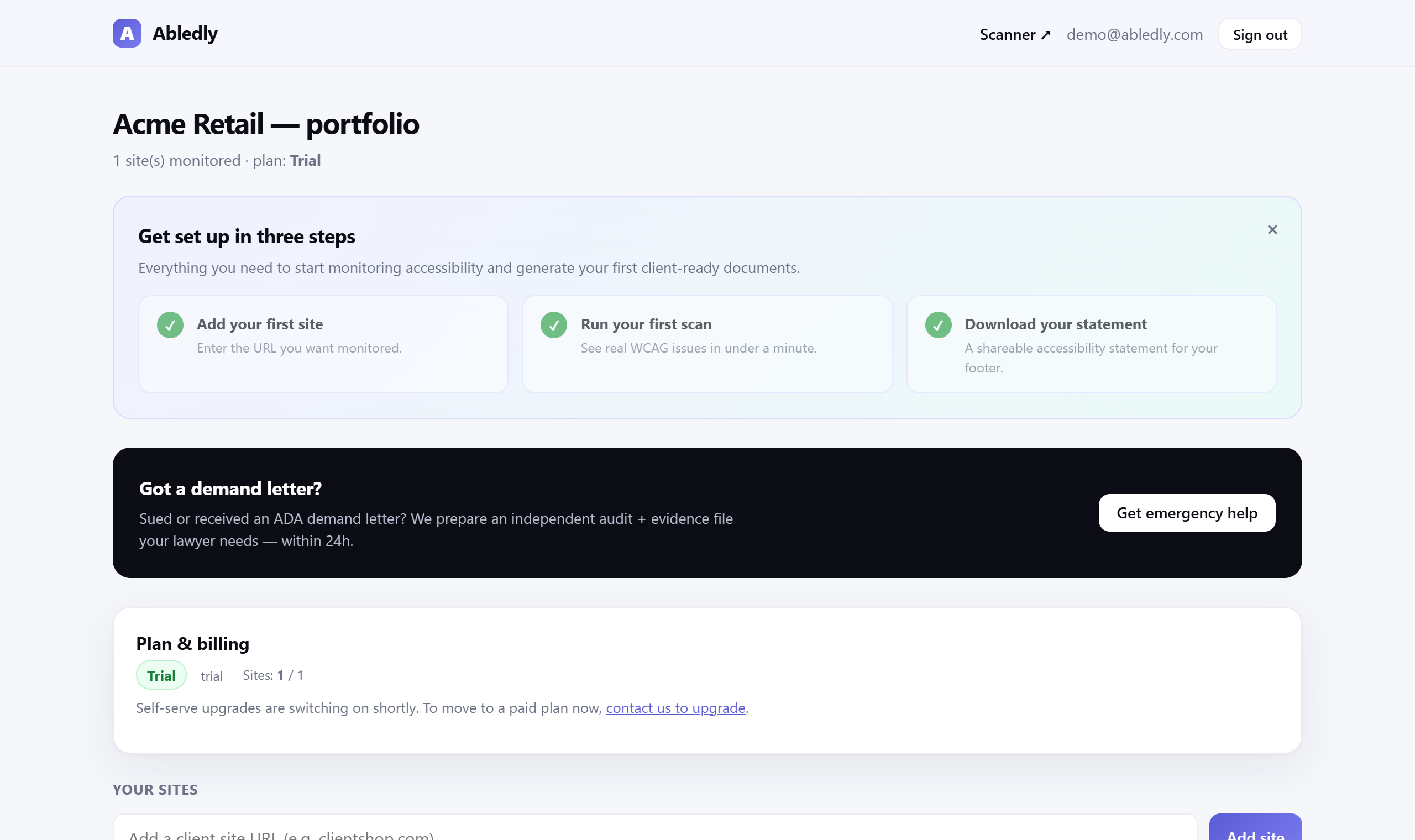 The Abledly dashboard for a Shopify store — start an accessibility scan and track fixes